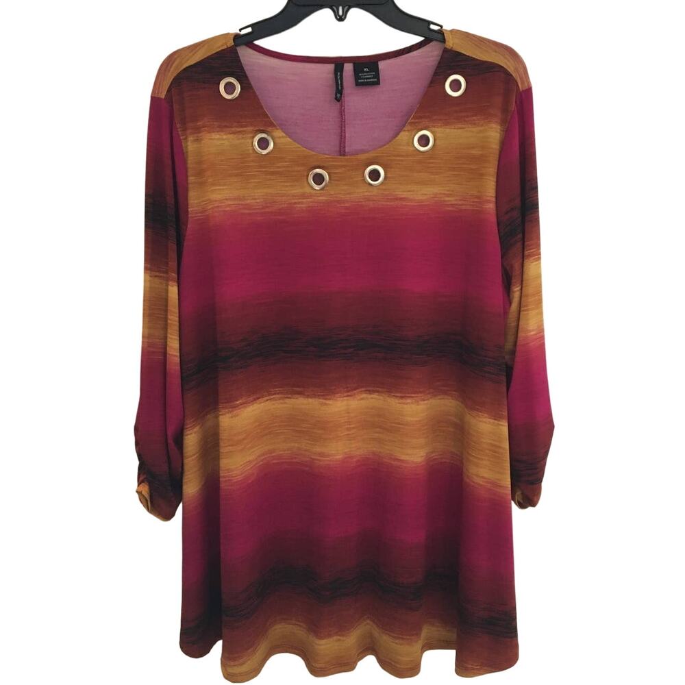 New Directions XL Top Gold Ring Embellishment On Scoop Neck 3/4 Sleeves